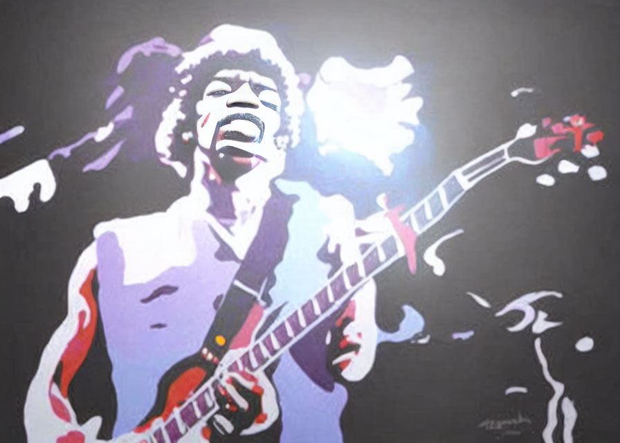 Musician with Afro Playing Electric Guitar on Purple Background