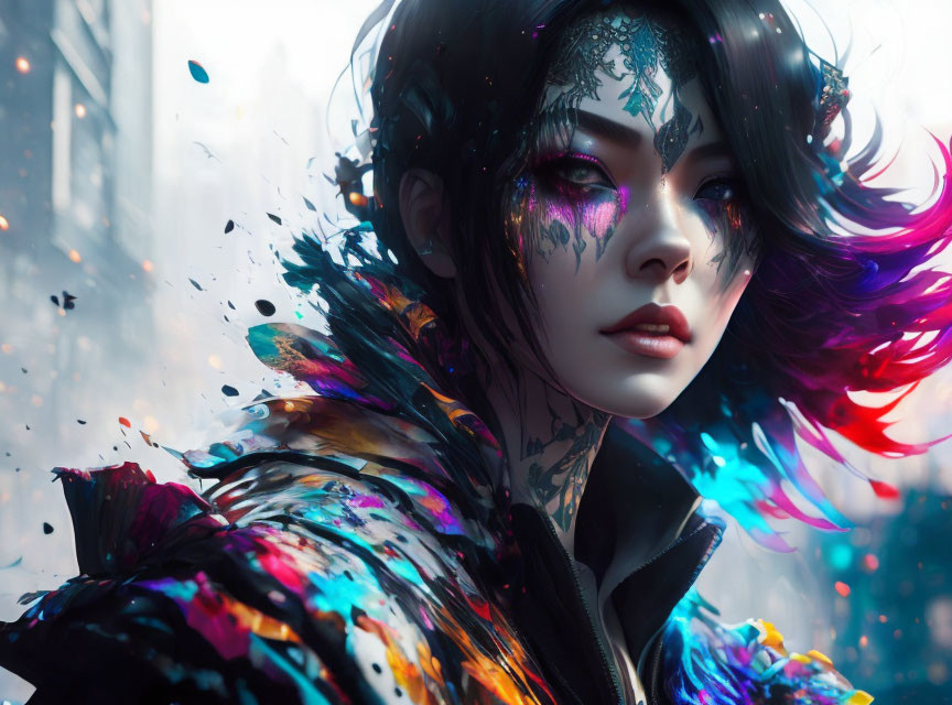 Colorful digital artwork of a woman with swirling tattoos and splattered paint effects.