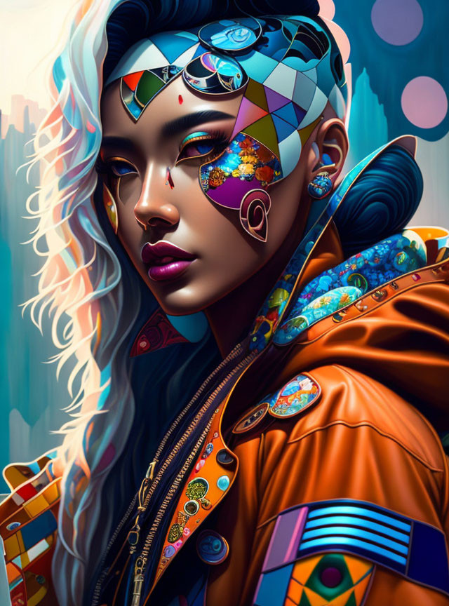 Colorful digital artwork of woman with multicolored hair and geometric headpiece in urban setting