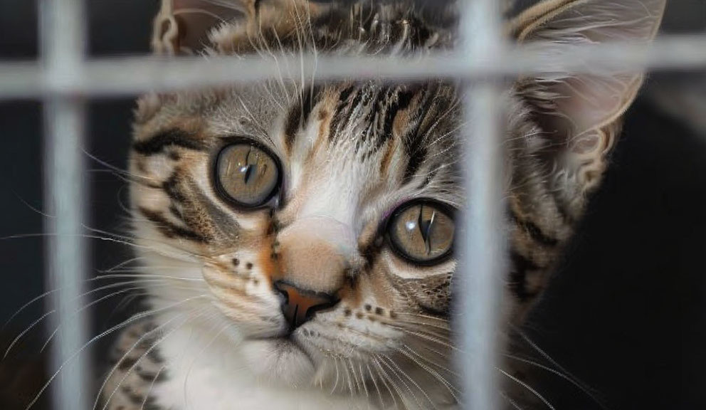 Tabby kitten with wide eyes peering through cage bars