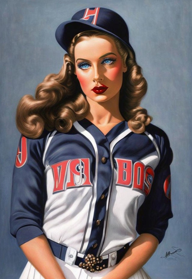 Illustration: Woman in vintage baseball uniform with "BOS" letters and "H" cap