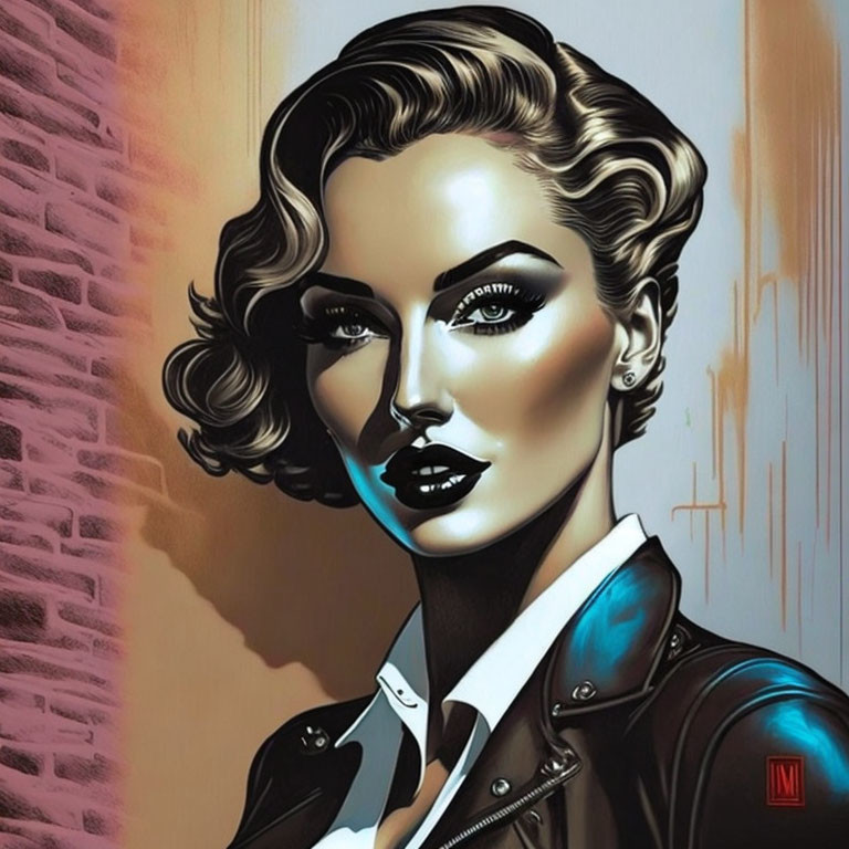 Stylized digital portrait: Woman with retro waves hairstyle, bold eyebrows, leather jacket.