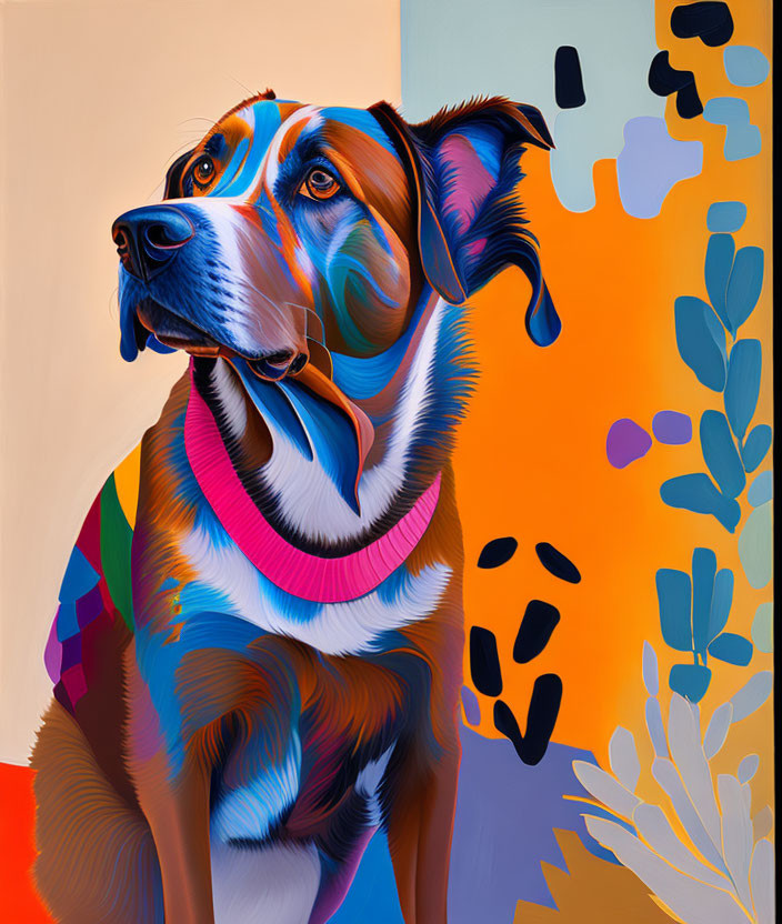 Vivid multicolored dog portrait against abstract background