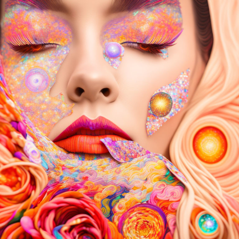 Vibrant psychedelic makeup with floral patterns on woman's face.