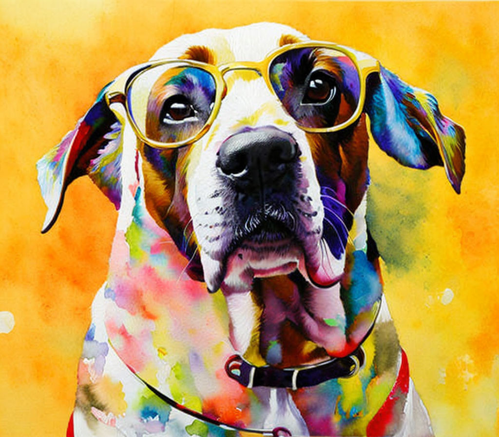 Vibrant watercolor dog with glasses on yellow background