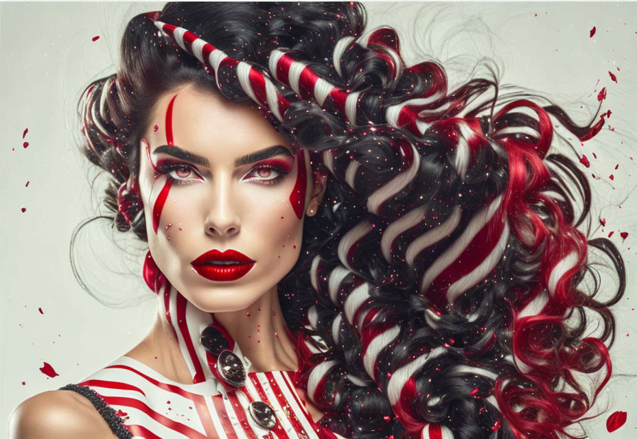 Woman with Red & Black Striped Hair and Makeup with Red Splashes