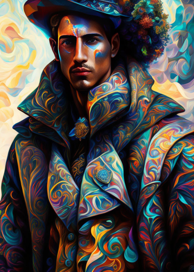 Vibrant digital artwork of man in patterned coat and plumed hat