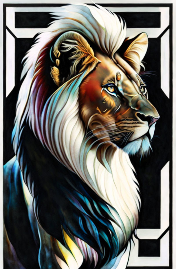 Vibrant lion profile with stylized mane and geometric backdrop