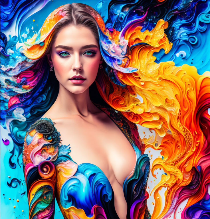 Colorful digital artwork of a woman with swirling patterns and paint textures