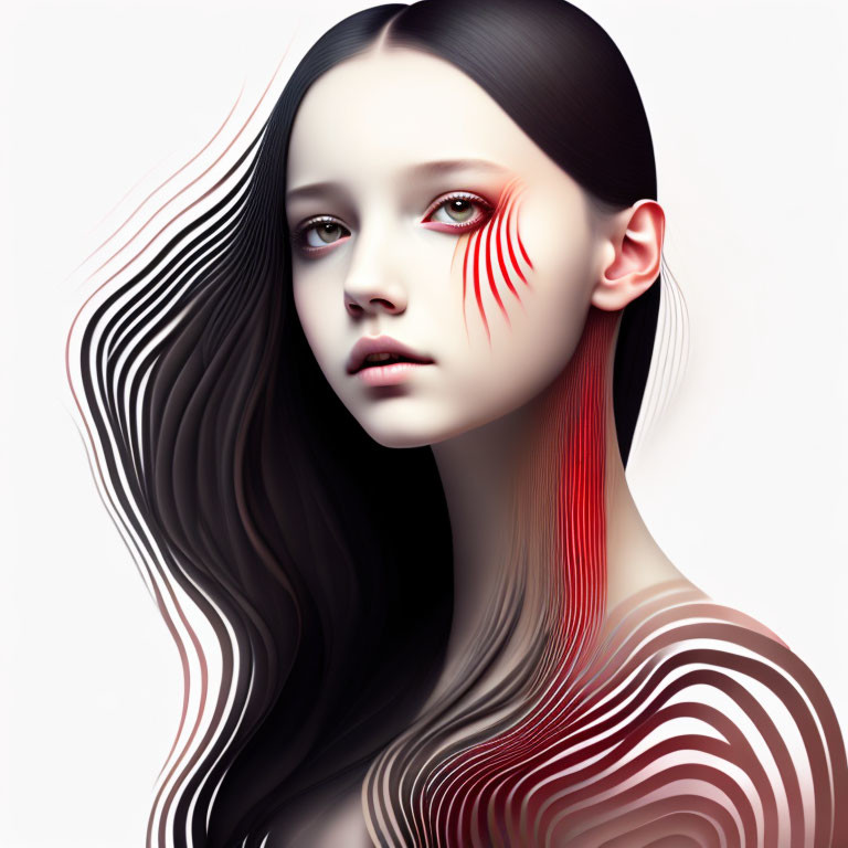 Digital portrait of female with long flowing hair and red striped patterns for an abstract artistic look