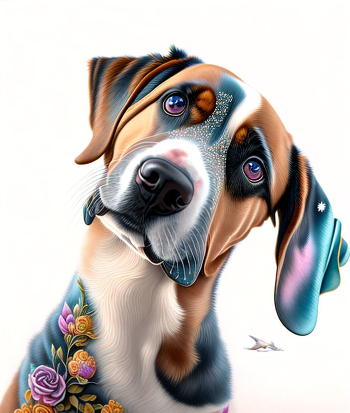 Vibrant hyperrealistic dog illustration with multicolored eyes and floral patterns