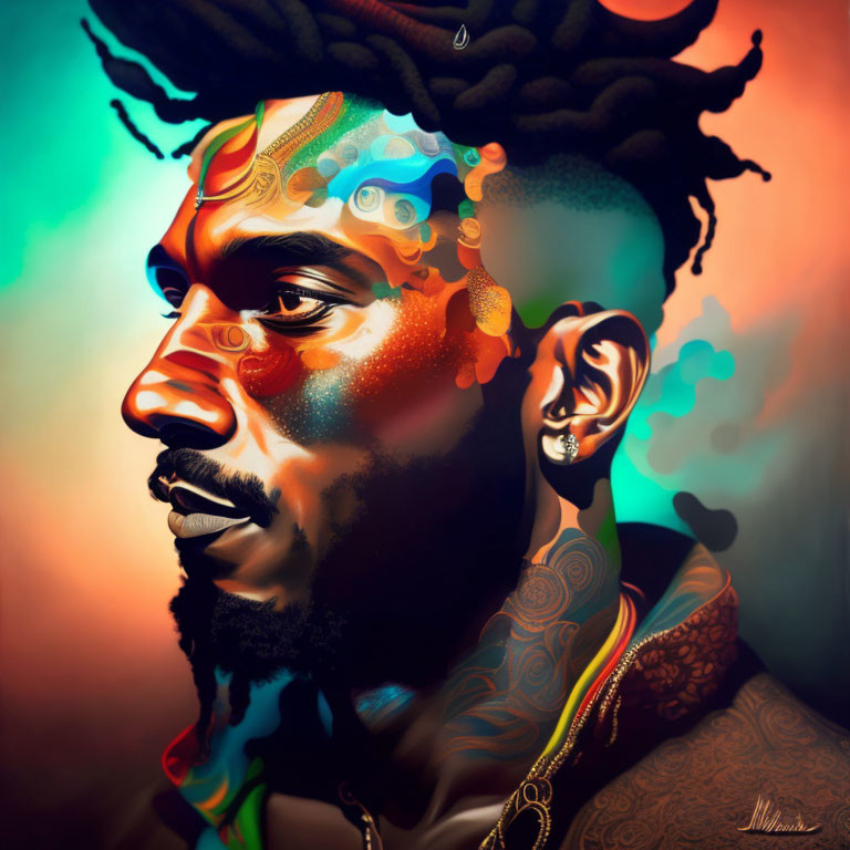 Colorful digital portrait of man with dreadlocks and intricate tattoos