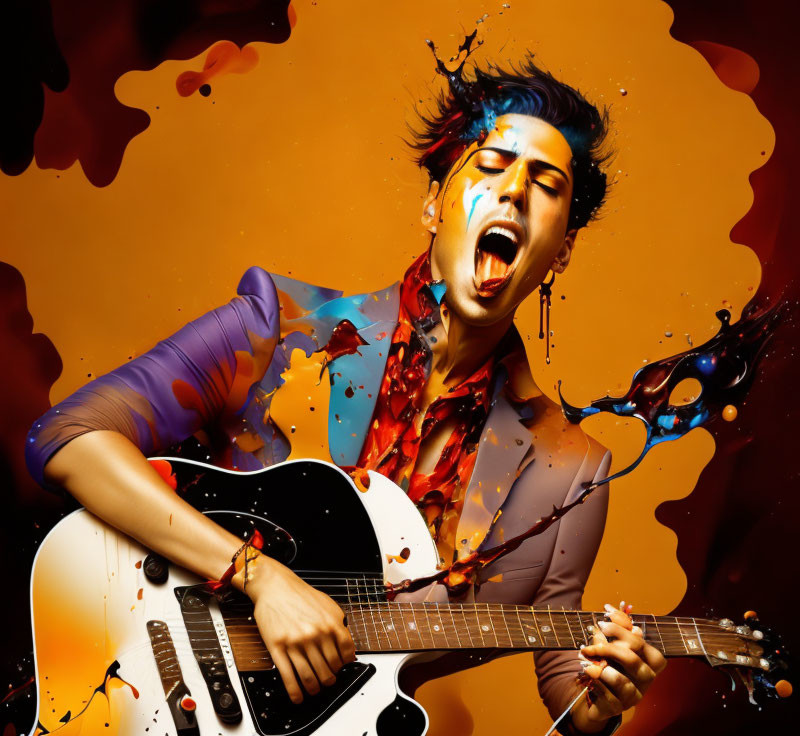 Vibrant paint splashes backdrop passionate guitarist pose