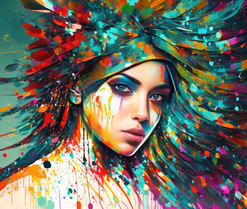 Colorful Digital Artwork of Woman with Explosive Paint Headdress