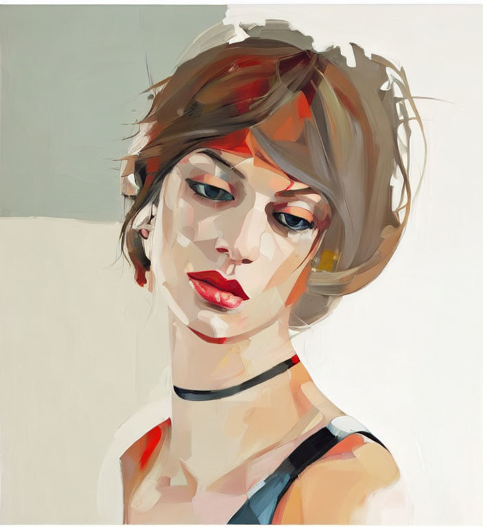 Abstract portrait of a woman with brown hair and red lipstick