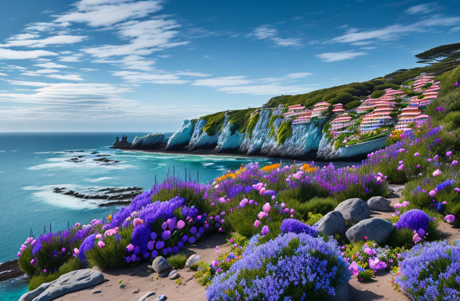 Colorful Coastal Landscape with Wildflowers, Green Cliffs, and Ocean View