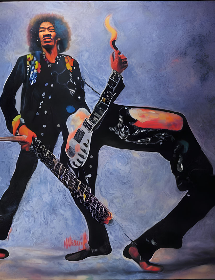 Vibrant painting of legendary guitarist in dynamic pose with guitar on blue background