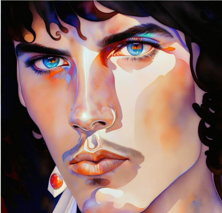 Colorful portrait of a person with blue eyes and curly dark hair