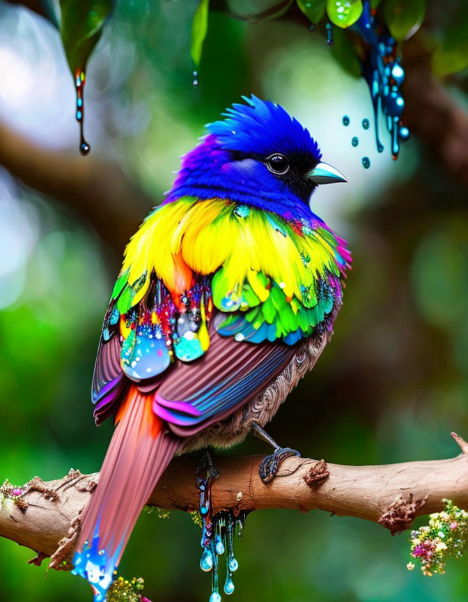 Colorful Bird Perched on Branch with Dewdrops