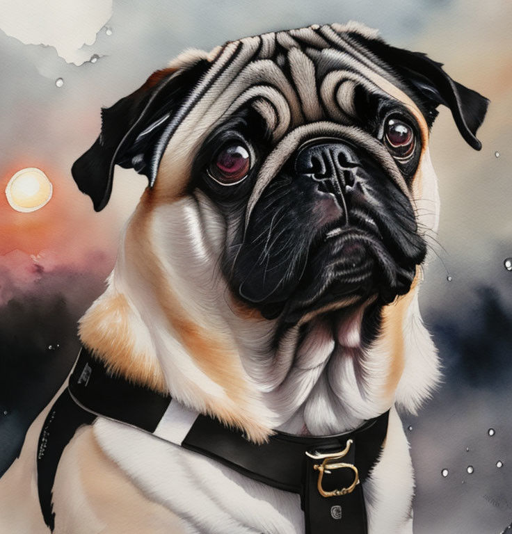 Pug portrait with expressive eyes and black harness on abstract warm-toned background