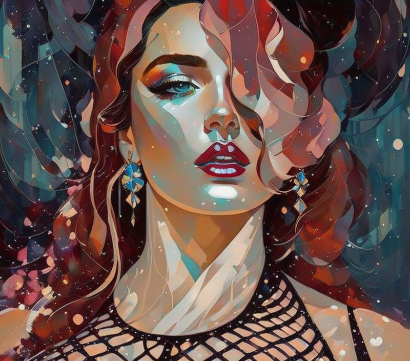 Vibrant artistic illustration of a woman with flowing hair and striking features