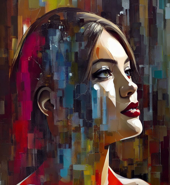 Abstract portrait of woman with red lips and geometric shapes