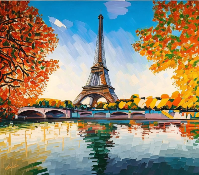 Impressionistic painting of Eiffel Tower in autumn with red and orange trees.