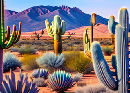 Desert landscape with cacti and mountains under clear sky