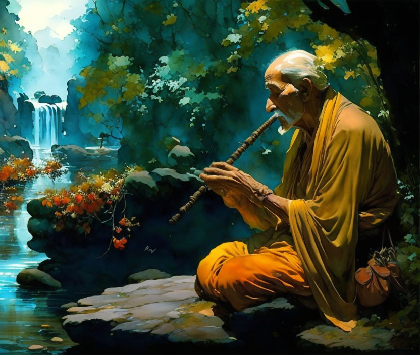 Elderly man in yellow robe plays flute by forest pond