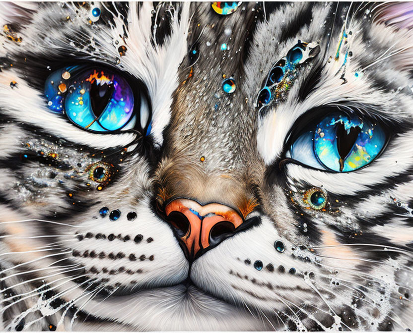 Detailed painting of white tiger's face with blue eyes & jewel-like embellishments