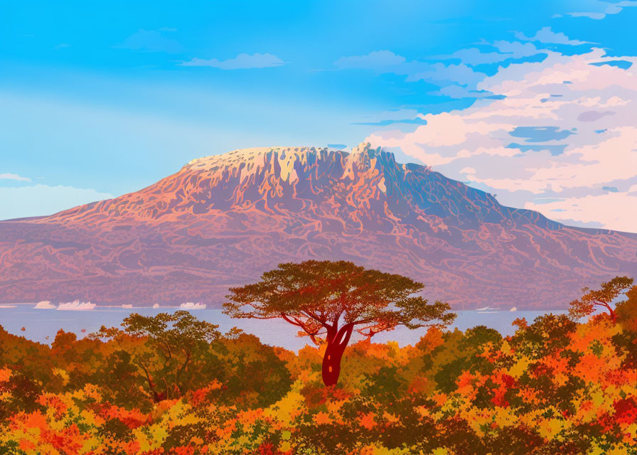 Scenic illustration of solitary tree, lake, and mountain