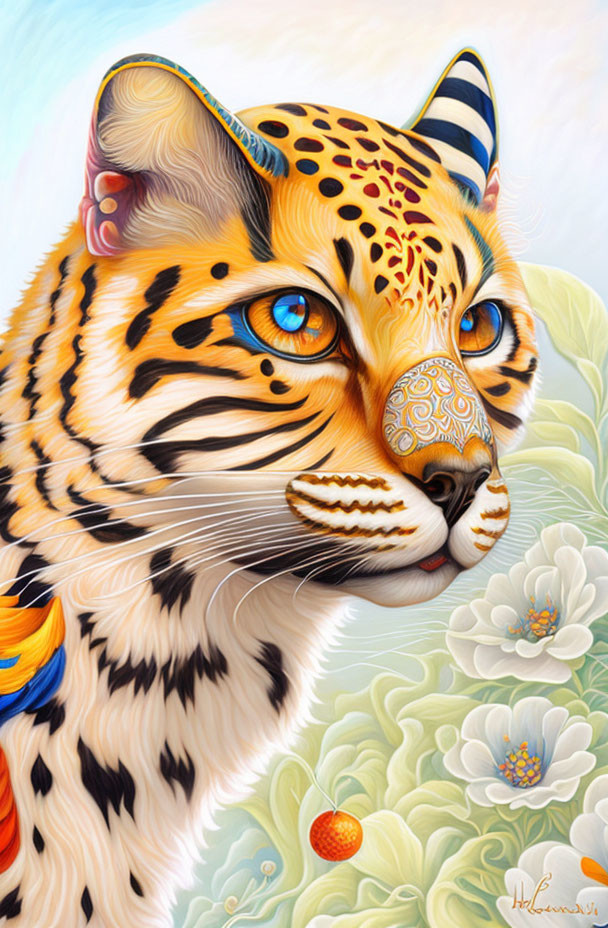 Colorful anthropomorphic tiger with blue eyes and intricate patterns in a floral setting.