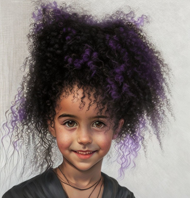 Smiling young girl with curly black hair and purple highlights