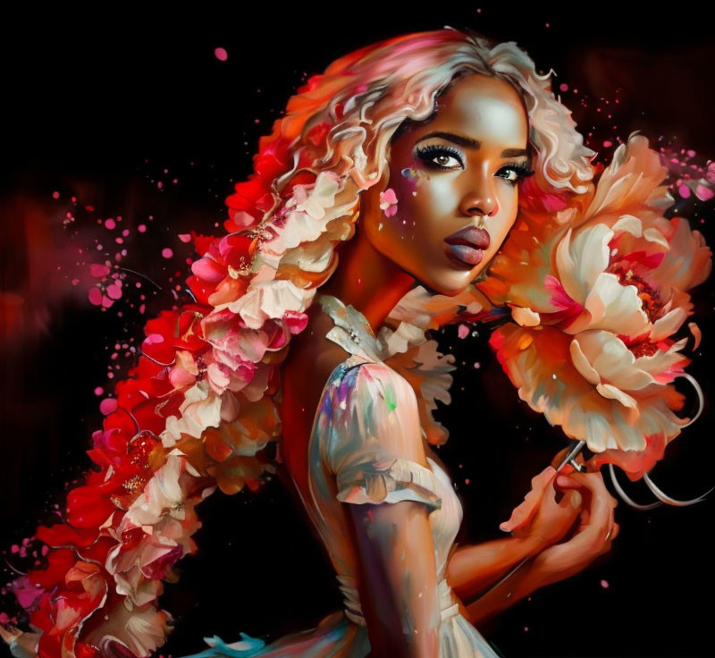 Vibrant flower-adorned woman with curly hair in digital painting