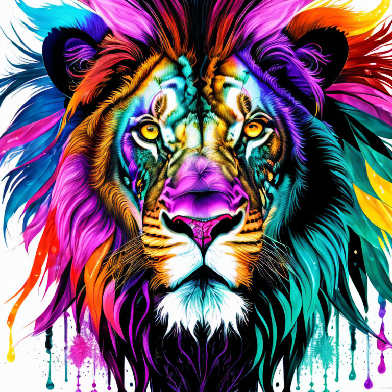 Vibrant lion face with colorful mane and paint drips