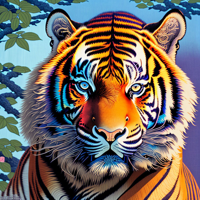 Colorful Tiger Artwork on Blue Background with Foliage