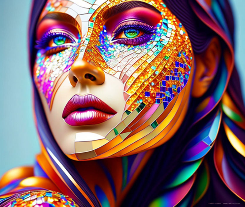 Colorful mosaic artwork of a woman's face with glittery details