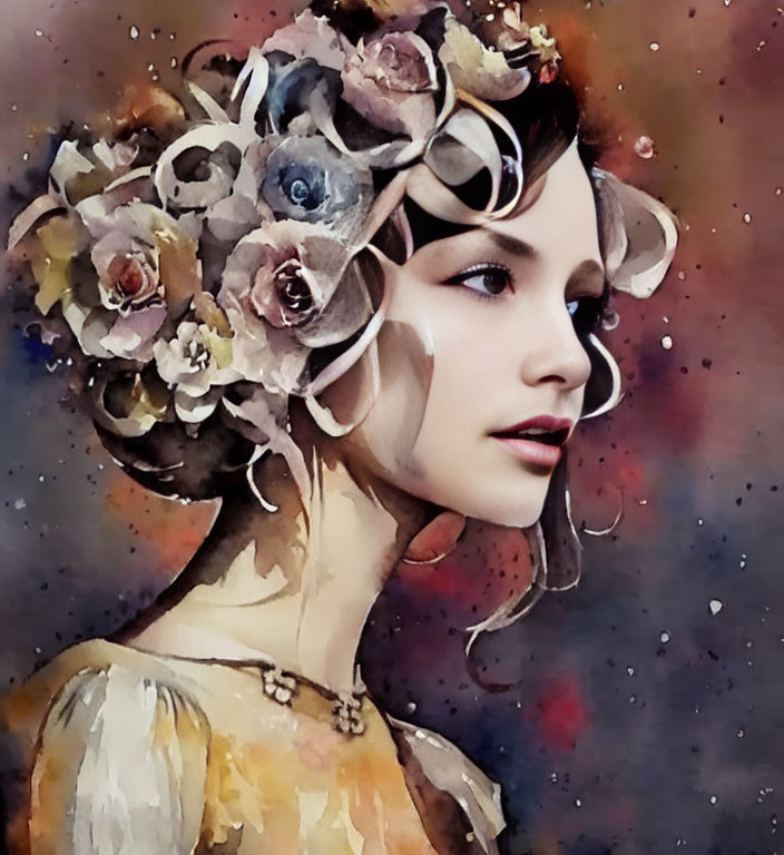 Watercolor portrait of woman with floral hair adornments in soft colors