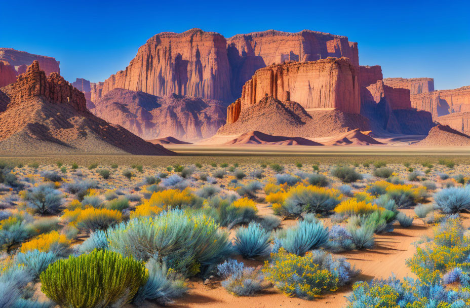 Colorful desert landscape with towering cliffs and sand dunes.