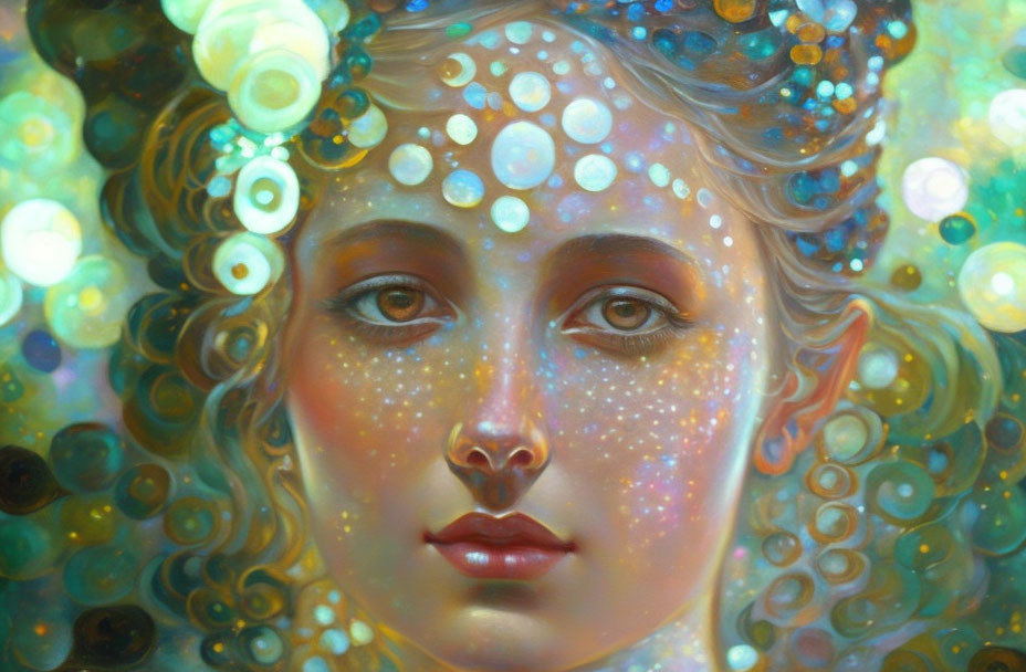 Ethereal woman portrait with glowing baubles and shimmering patterns