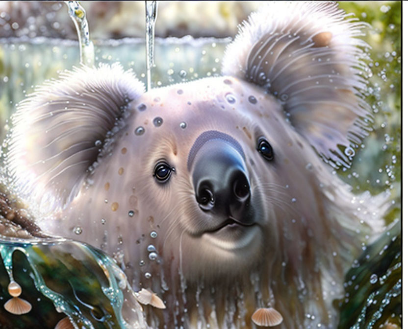 Whimsical koala illustration with playful expression in water.