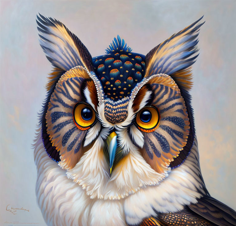 Detailed painting of owl with vivid orange eyes and intricate feather patterns