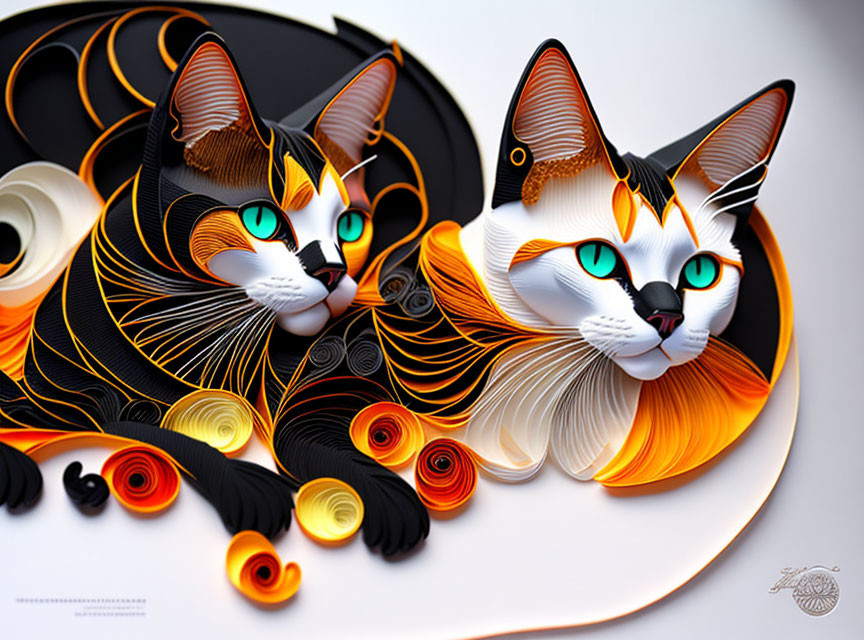 Intricate Paper Quilling Art: Cat Faces in Orange, Black, and White