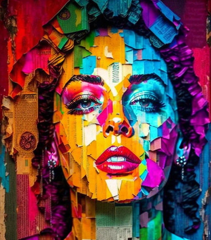 Colorful Collage of Woman's Face with Expressive Features