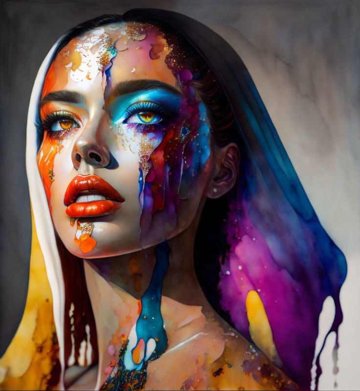 Colorful melting paint portrait of a woman with bold makeup