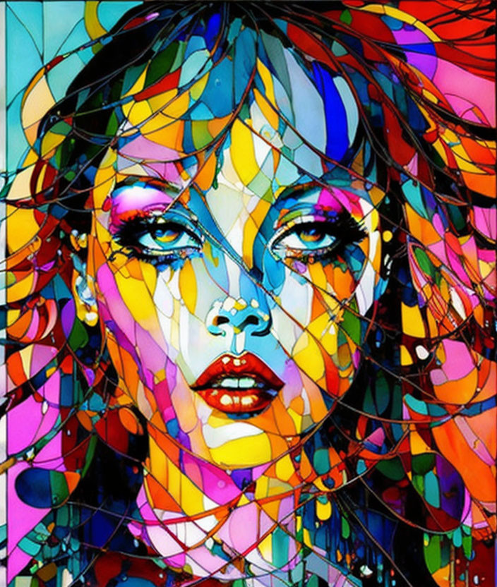 Colorful Stylized Portrait of Woman with Multicolored Hair & Skin