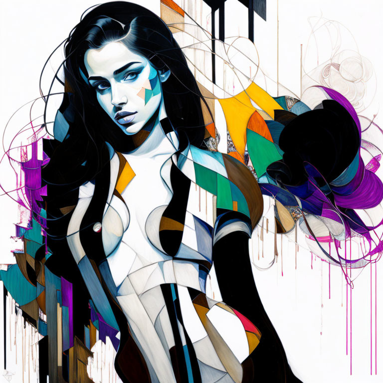 Abstract Art: Woman with Long Dark Hair in Vibrant Colors