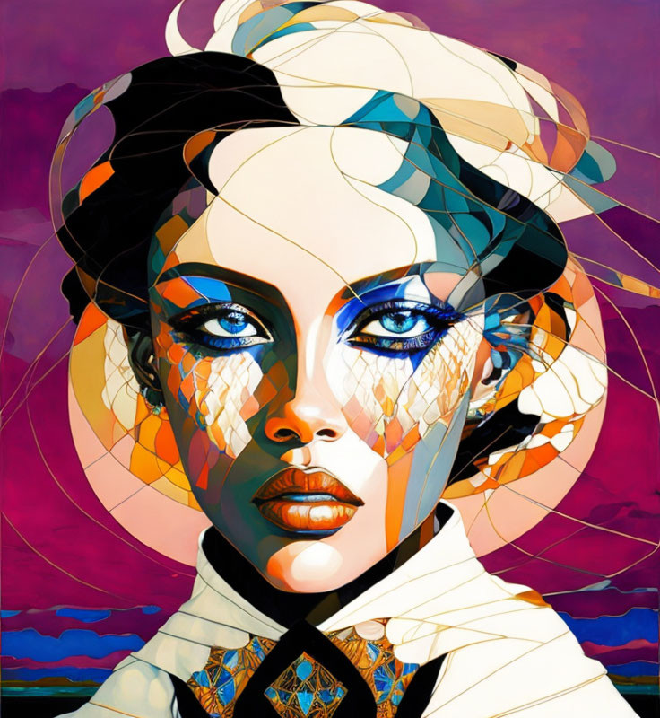 Colorful geometric portrait of a woman with bold patterns and blue eyes