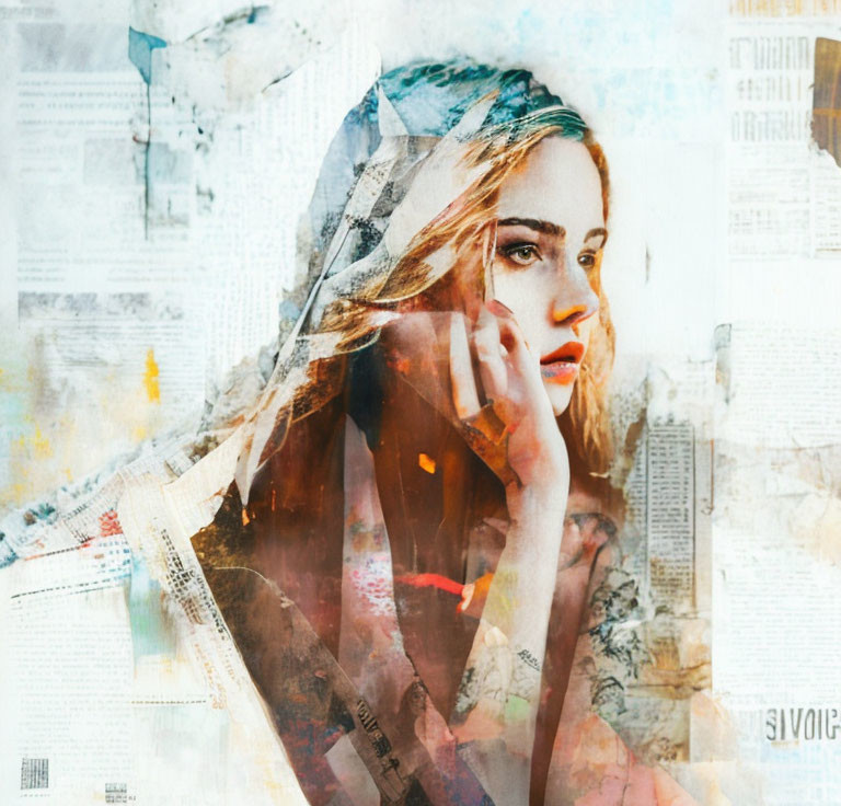 Double exposure portrait blending woman with paper and paint splotches.