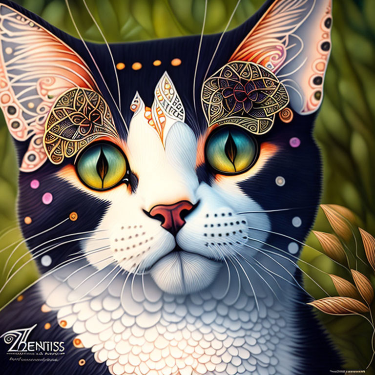 Detailed illustration of a colorful cat with intricate patterns and green eyes